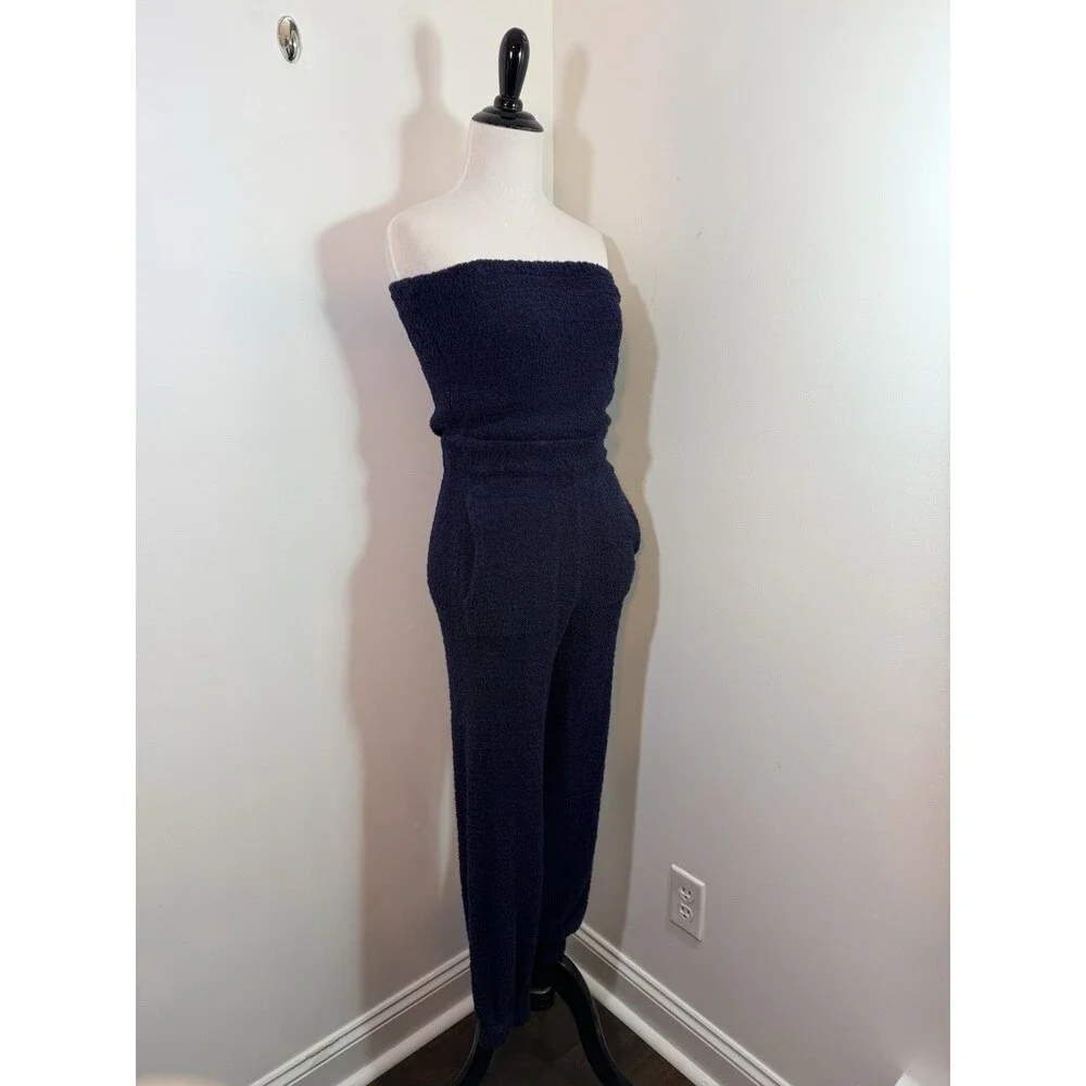 Free People Beach Claire One Piece Jumpsuit Navy Blue Terry Cloth Towel Size XS